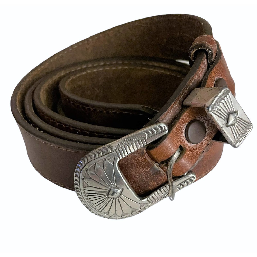 Brown Oil-Tanned Leather Western Belt Women's Size 12 Engraved Silver Hardware